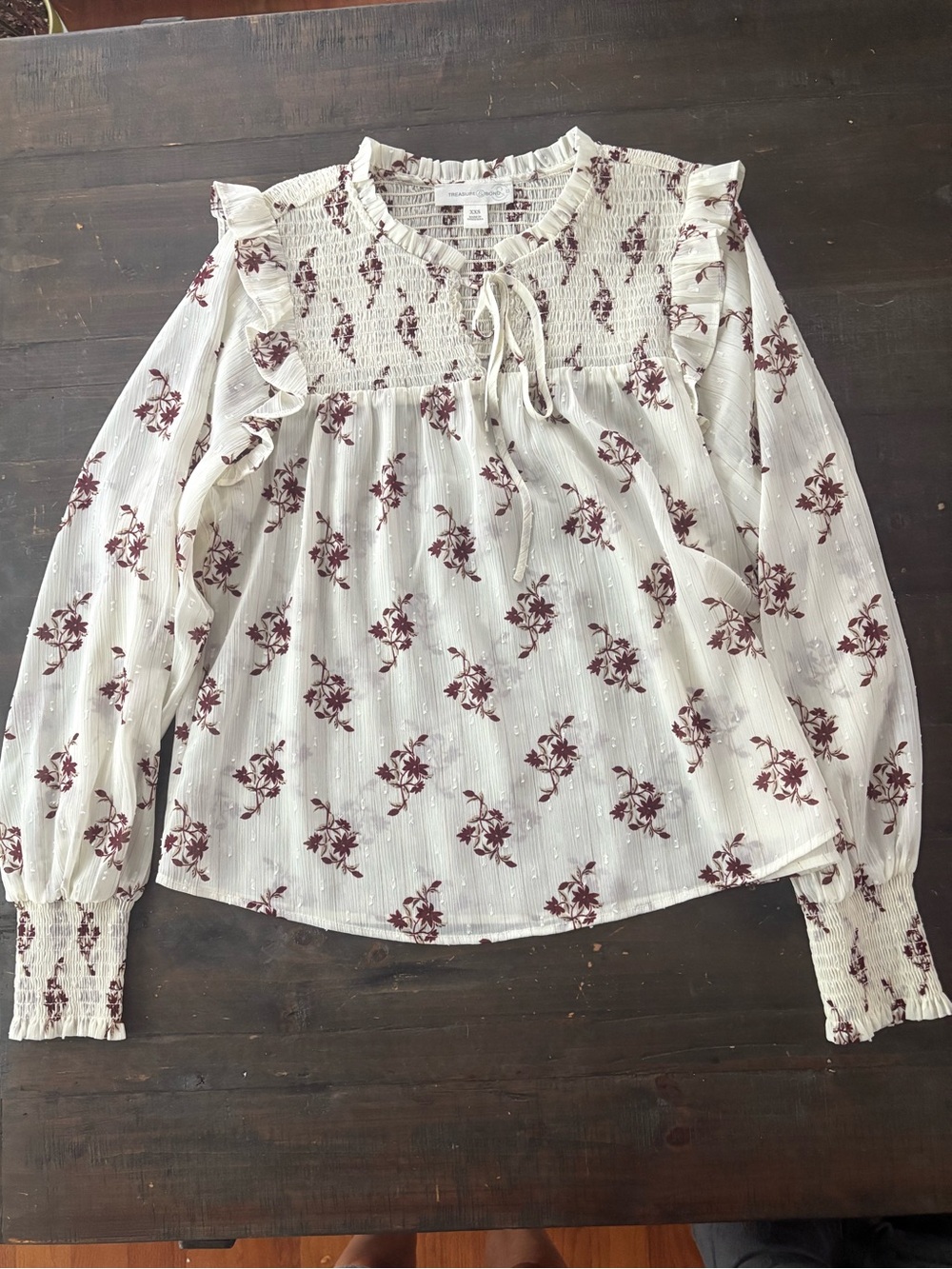 Treasure & Bond Cream Blouse with Burgundy Floral Print